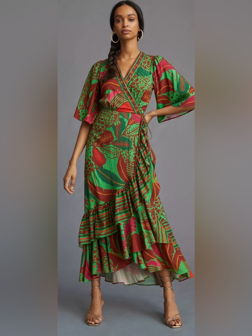 Farm Rio X Anthropologie Flutter Sleeve Wrap Dress Green Tropical Sz XXS Petite